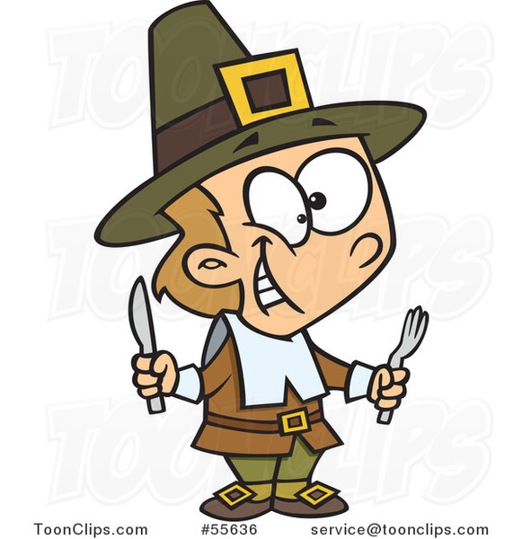 Cartoon Hungry Thanksgiving Pilgrim Boy Holding Silverware #55636 by