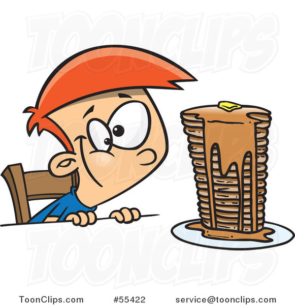 Cartoon Hungy Boy Gazing at a Stack of Pancakes Dripping with Syrup