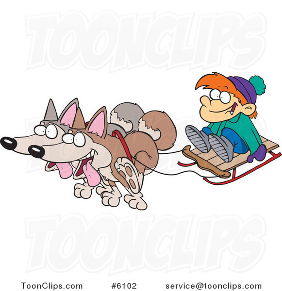 Cartoon Huskies Pulling a Boy on a Sled