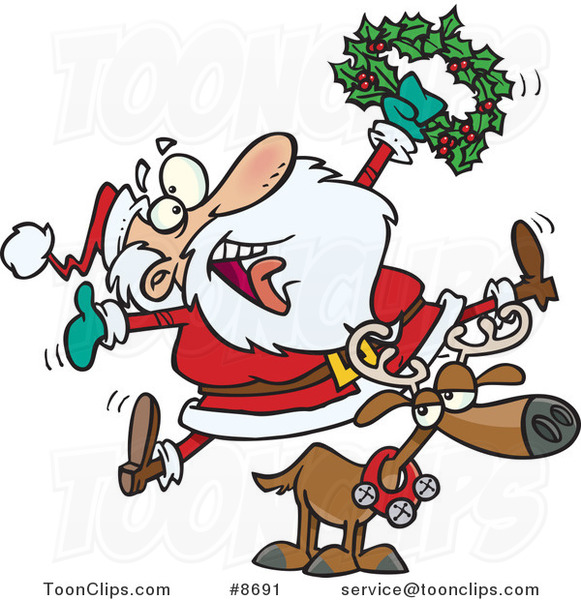 Cartoon Joyous Santa Riding a Reindeer