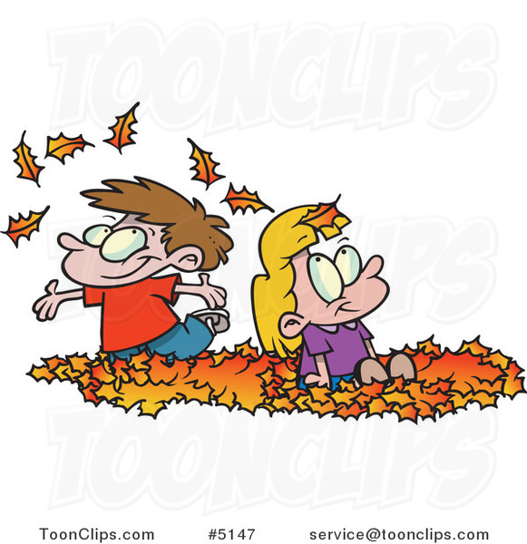 Cartoon Kids Playing in Leaves
