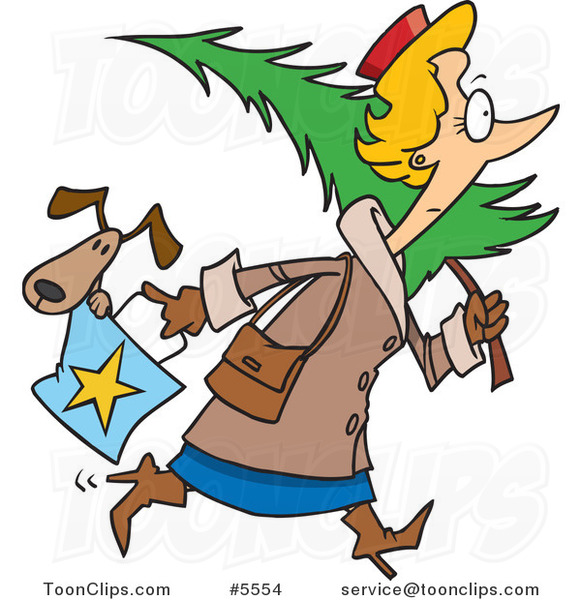 Cartoon Lady Carrying a Dog in Her Purse and a Christmas Tree