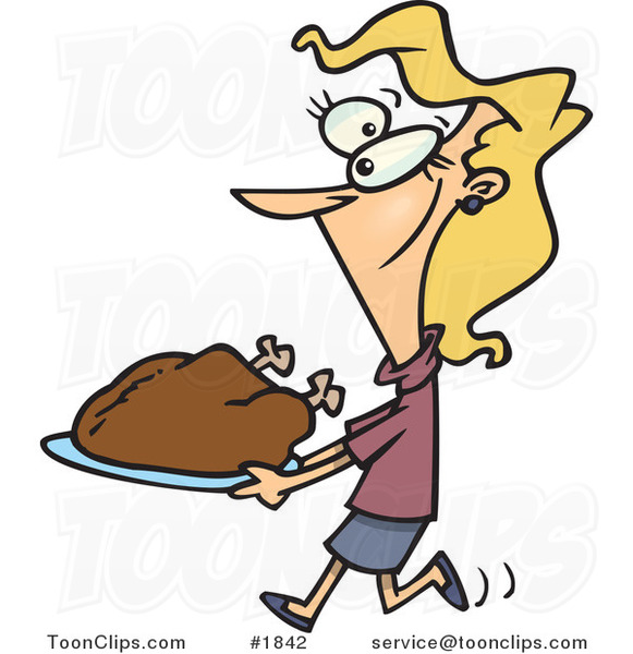 Cartoon Lady Carrying a Roasted Turkey