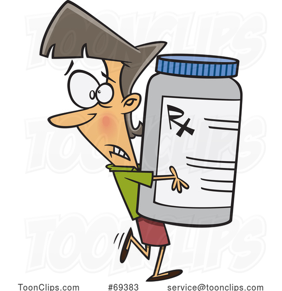 Cartoon Lady Carrykng a Huge Prescription Bottle