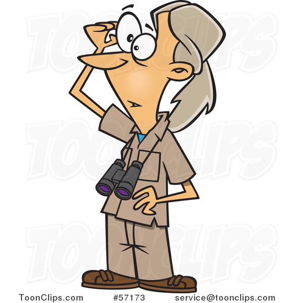 Cartoon Lady, Jane Goodall, Standing and Wearing Binoculars Around Her Neck  #57173 by Ron Leishman