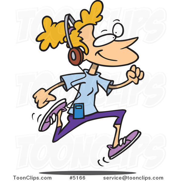 Cartoon Lady Listening to Music and Running