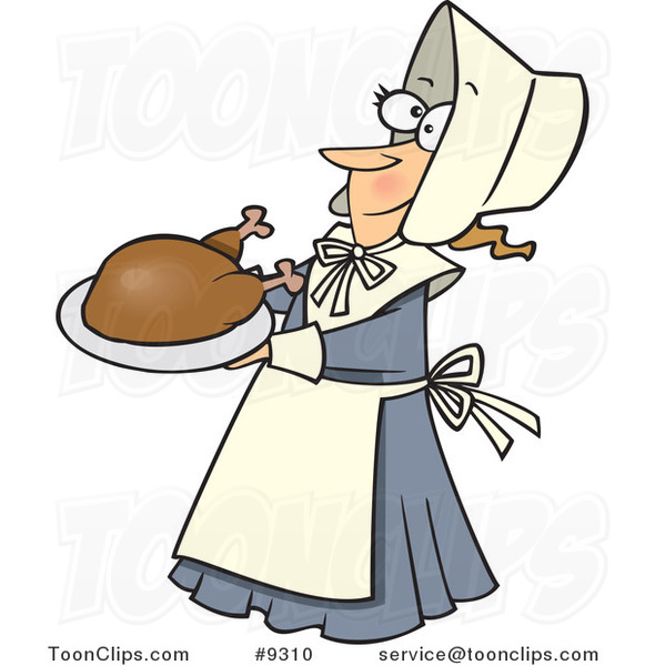 Cartoon Lady Pilgrim Serving a Turkey