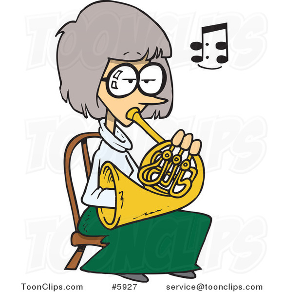 Cartoon Lady Playing a French Horn