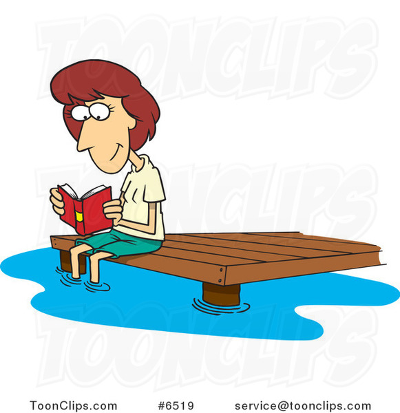 Cartoon Lady Reading a Book on a Dock