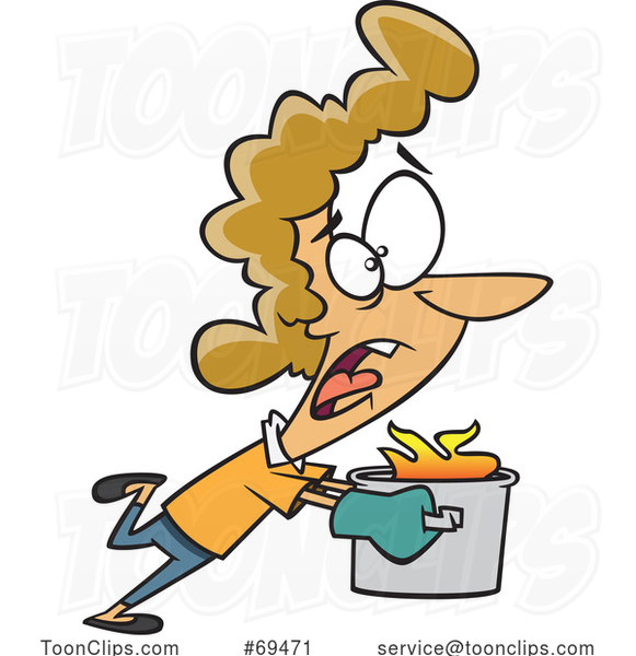 Cartoon Lady Running with a Kitchen Pot on Fire