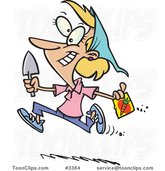 Cartoon Lady Running with Carrot Seeds