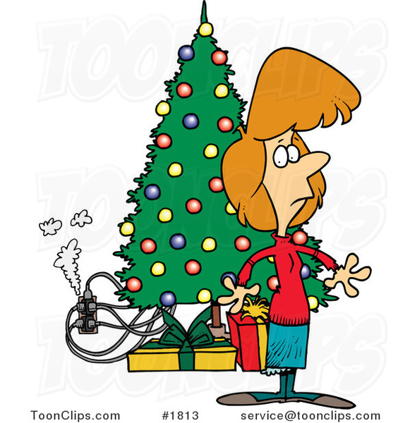 Cartoon Lady Standing by a Christmas Tree with an Overloaded an Electrical Socket