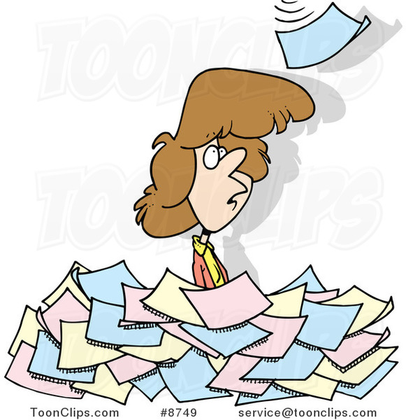 Cartoon Lady Standing In A Pile Of Paperwork 8749 By Ron