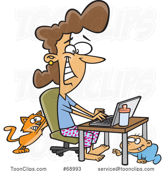 Cartoon Lady Working at Home As Her Baby Crawls and Cat Scratches Her Chair