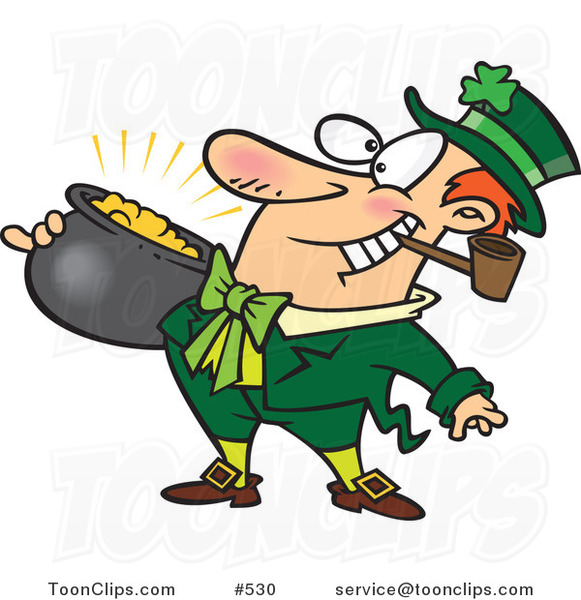 Cartoon Leprechaun with a Pipe and Pot of Gold