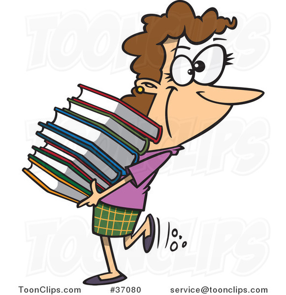 Cartoon Librarian or Heavy Reader Carrying a Large Stack of Books