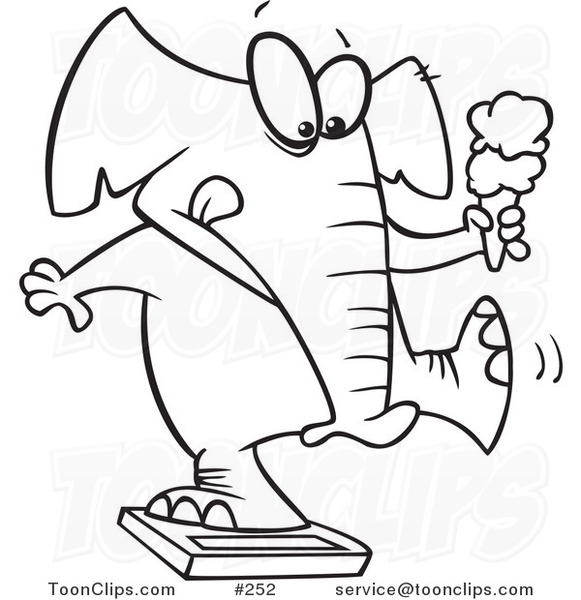 Cartoon Line Art Design of a Chubby Elephant Holding an Ice Cream Cone and Standing on a Scale