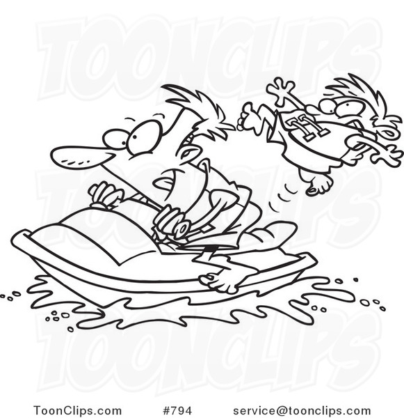 Cartoon Line Art Design of a Father and Son Riding a Jet Ski