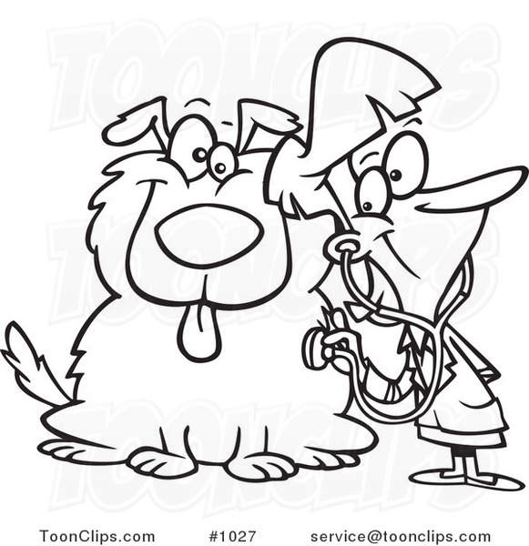 Cartoon Line Art Design of a Female Vet Using a Stethoscope on a Dog