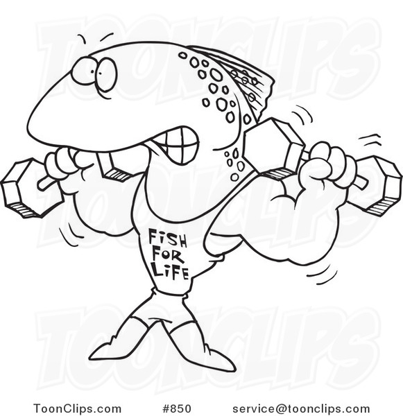 Cartoon Line Art Design of a Fish Lifting Weights and Wearing a Fish for Life Shirt