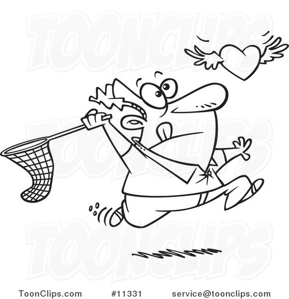Cartoon Line Art Design of a Guy Chasing Elusive Love with a Net
