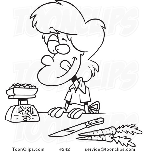 Cartoon Line Art Design of a Hungry Lady Weighing Her Food