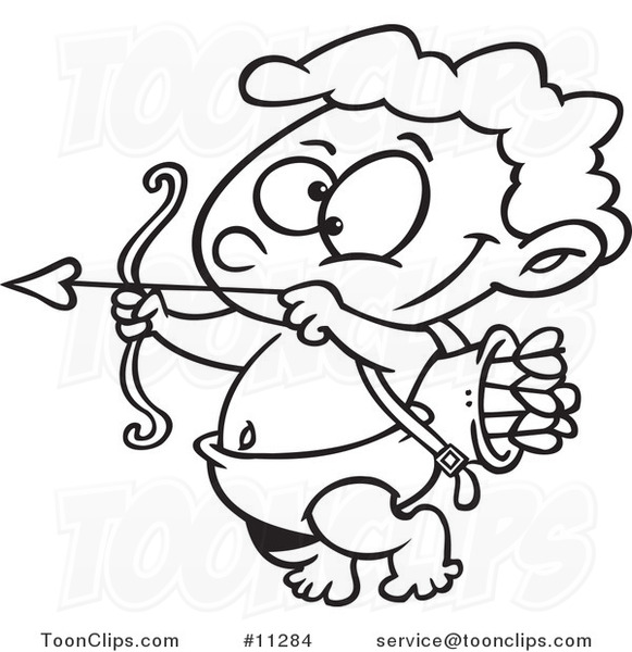 Cartoon Line Art Design of a Little Cupid Practicing with Arrows