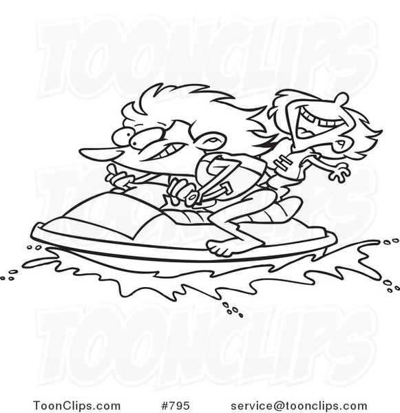 Cartoon Line Art Design of a Mother and Daughter Riding a Jet Ski