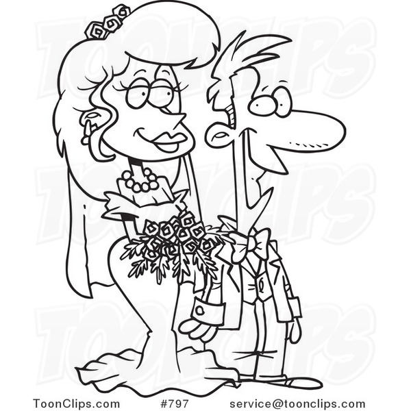 Cartoon Line Art Design of a Pleased Wedding Couple