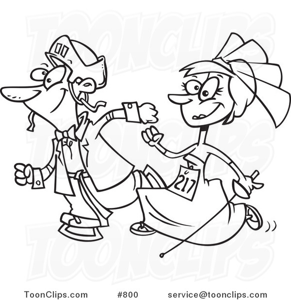 Cartoon Line Art Design of a Wedding Couple Running in a Race