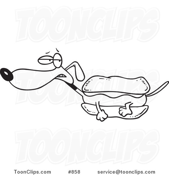 Cartoon Line Art Design of a Weiner Dog with Mustard in a Bun