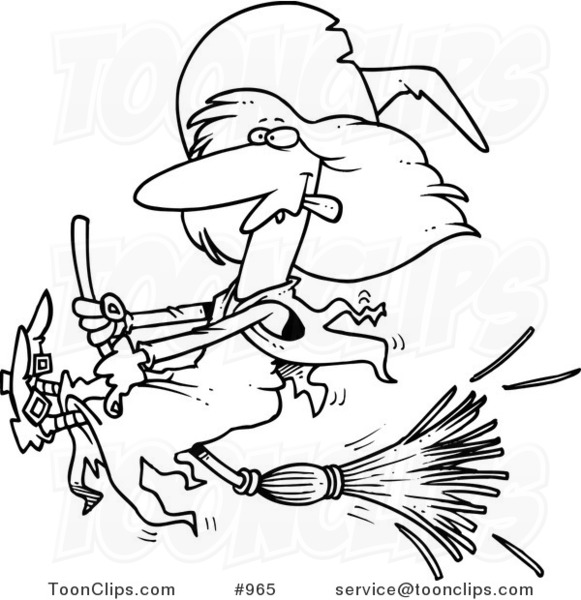 Cartoon Line Art Design Of A Witch Halting Her Broomstick 965 By Ron Leishman
