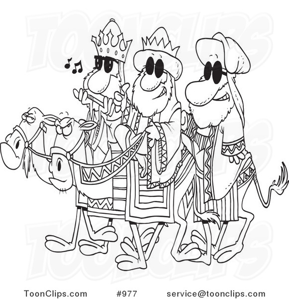 Cartoon Line Art Design of Three Wise Dudes Wearing Shades and Riding Camels