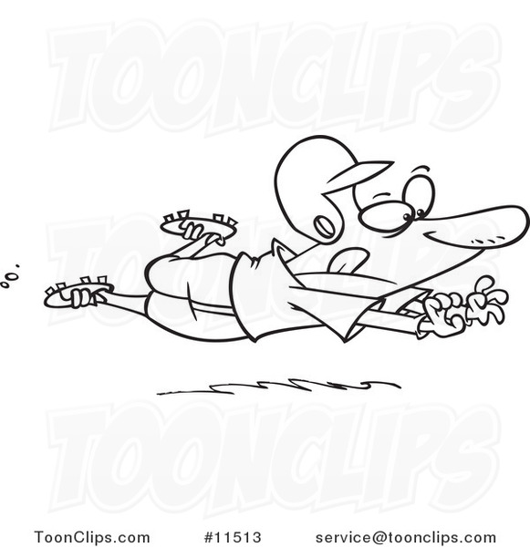 Cartoon Line Drawing of a Baseball Player Sliding for Home