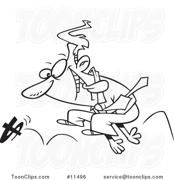 Cartoon Line Drawing of a Business Man Chasing Money