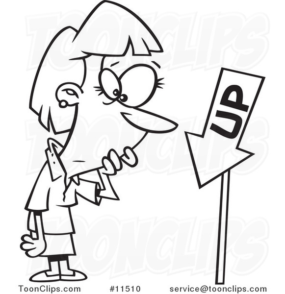 Cartoon Line Drawing of a Business Woman Looking at an up Sign Pointing down