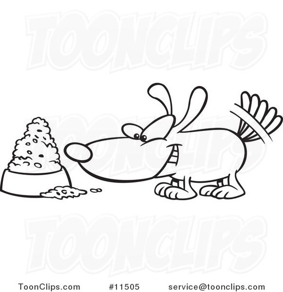 Cartoon Line Drawing of a Dog Wagging His Tail by a Food Bowl