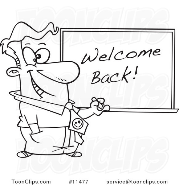 Cartoon Line Drawing of a Teacher Writing Welcome Back on a Board