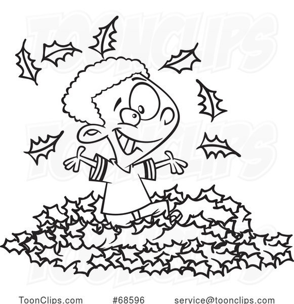 Cartoon Lineart Black Boy Playing in Autumn Leaves