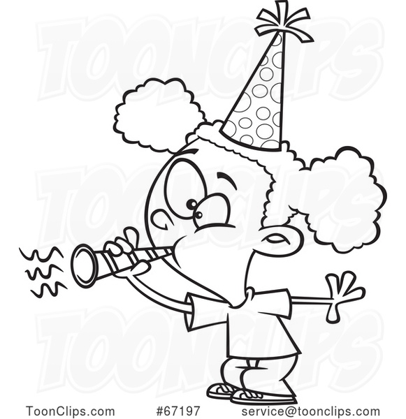 Cartoon Lineart Black Girl Blowing a Party Horn