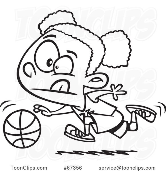 Cartoon Lineart Black Girl Dribbling a Basketball