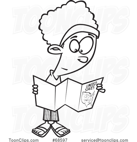 Cartoon Lineart Black Girl Reading a Map