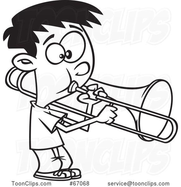 Cartoon Lineart Boy Playing a Trombone