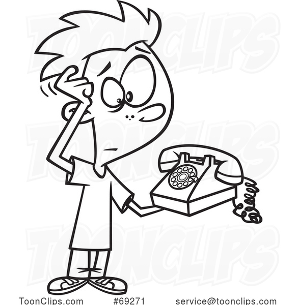 Cartoon Lineart Boy Scratching His Head and Looking at an Old Fashioned Telephone