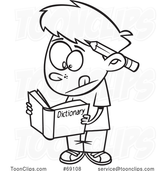 Cartoon Lineart Boy Using a Dictionary
