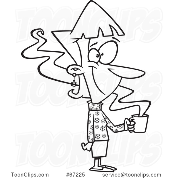 Cartoon Lineart Cheerful Lady Wearing a Snowflake Sweater and Holding a Hot Coffee