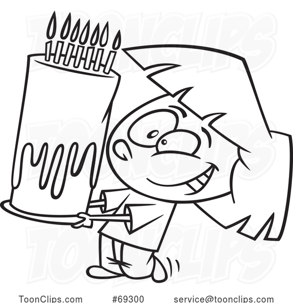 Cartoon Lineart Girl Carrying a Tall Birthday Cake