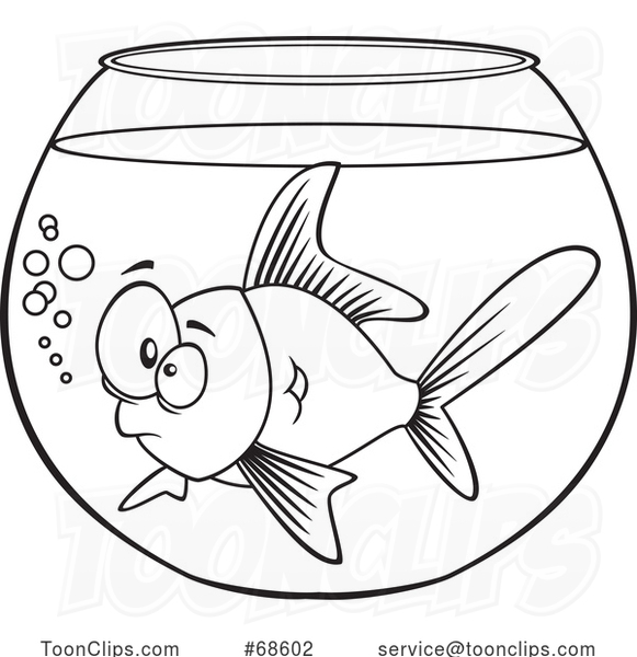Cartoon Lineart Goldfish in a Bowl