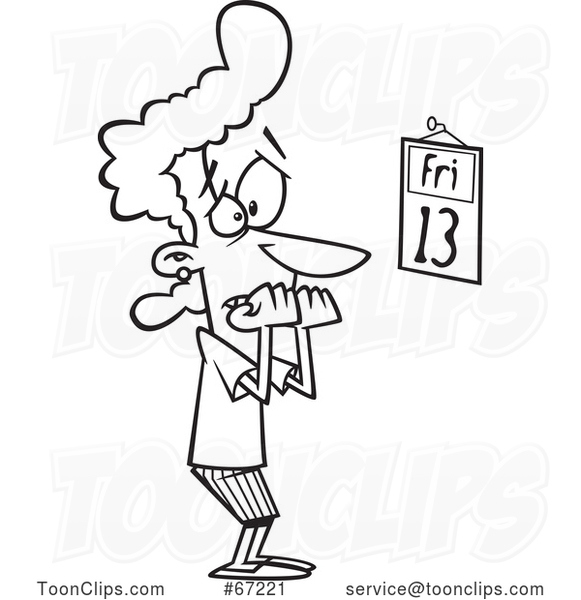 Cartoon Lineart Lady Biting Her Nails and Looking at a Friday the 13th Calendar