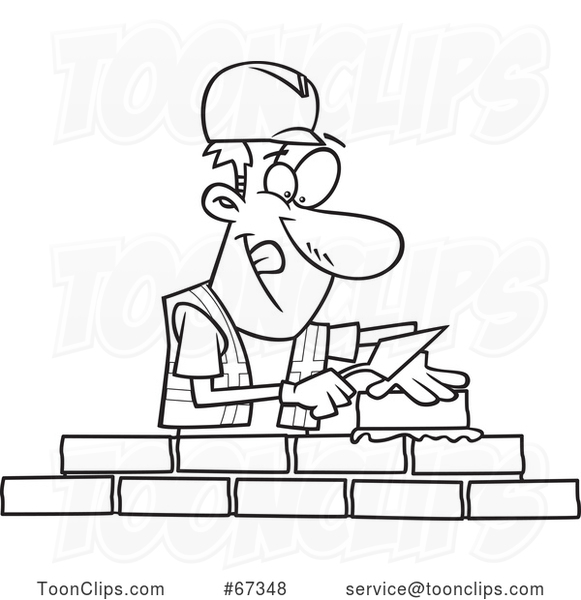 Cartoon Lineart Mason Contractor Laying Bricks